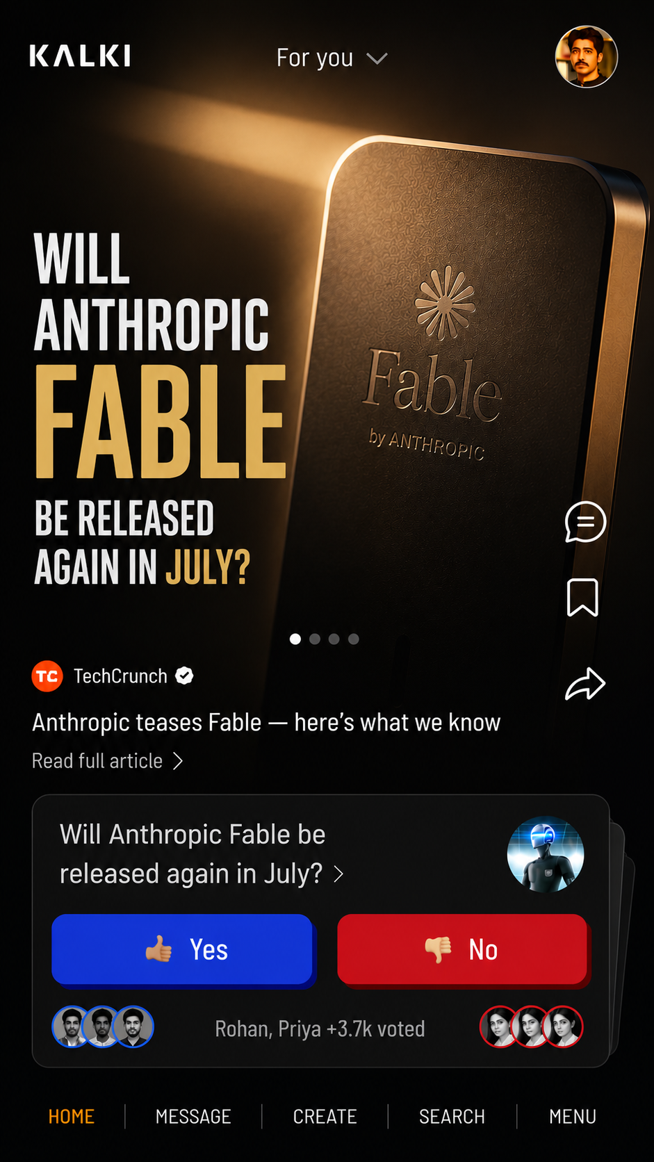 Kalki app — Anthropic Fable feed