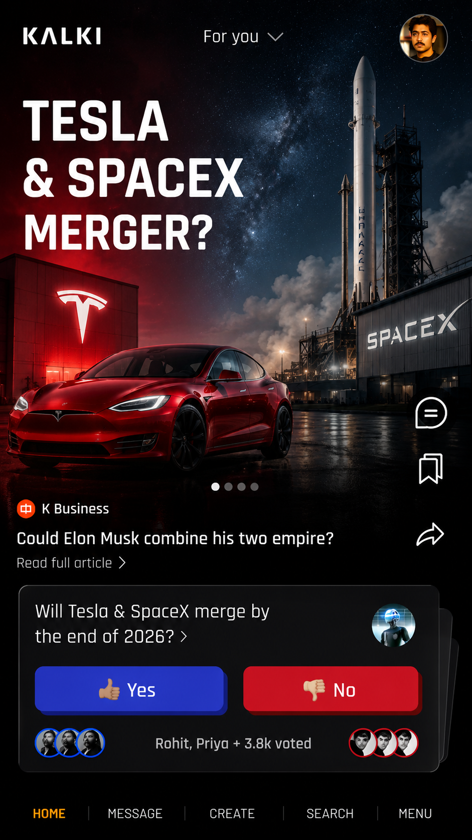 Kalki app — Tesla & SpaceX merger feed